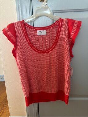 Old Navy Red and White Knit Scoop Neck Cap Sleeve Top